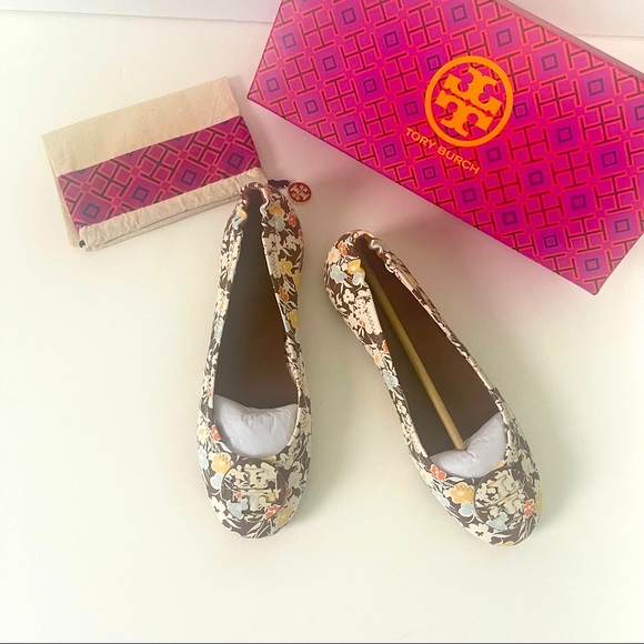 Tory Burch Shoes - Tory Burch Floral Minnie Travel Ballet With Leather Logo NIB Reverie Combo Color